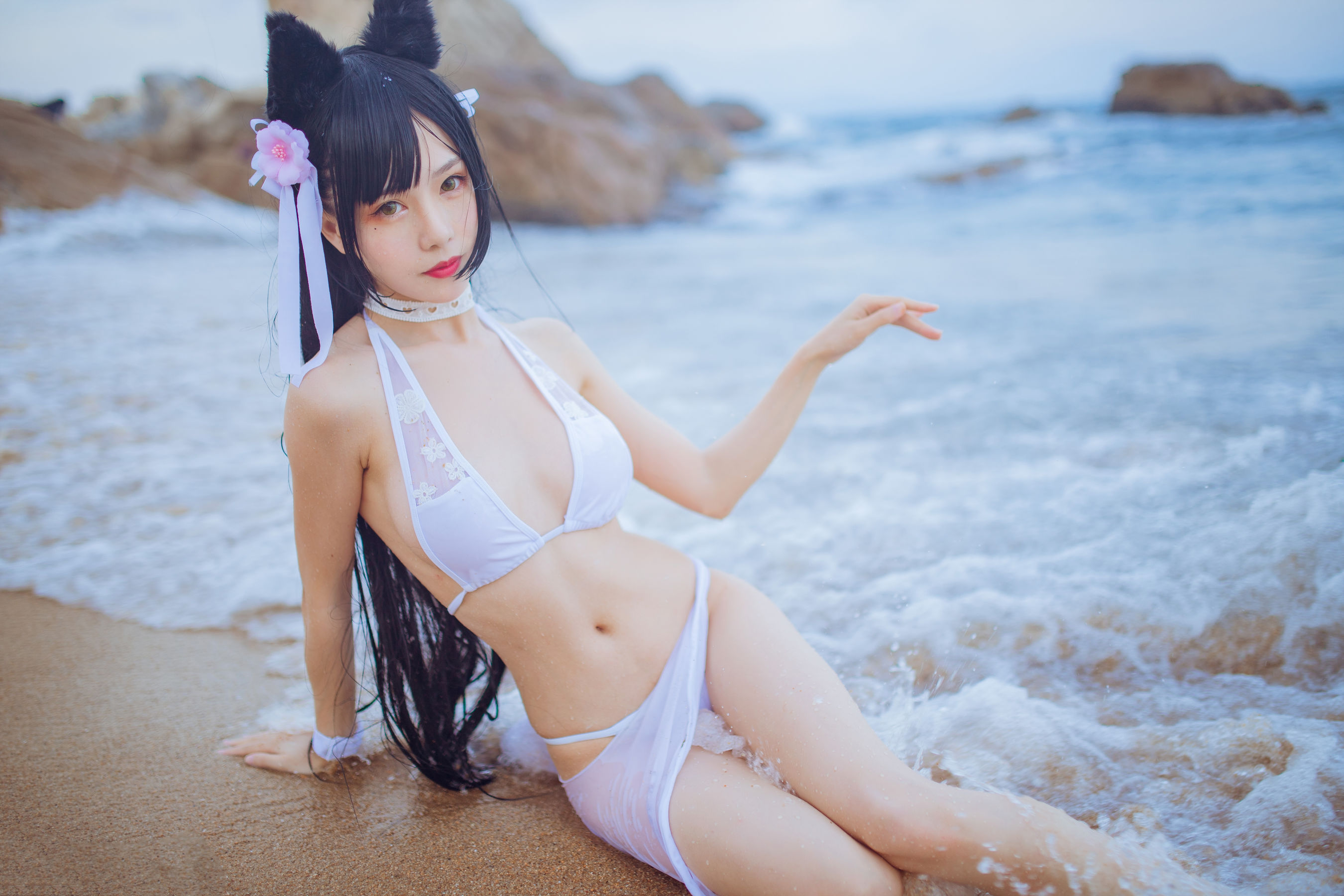 抖娘-利世×不呆猫 獒犬海边泳装 Cosplay-第9张